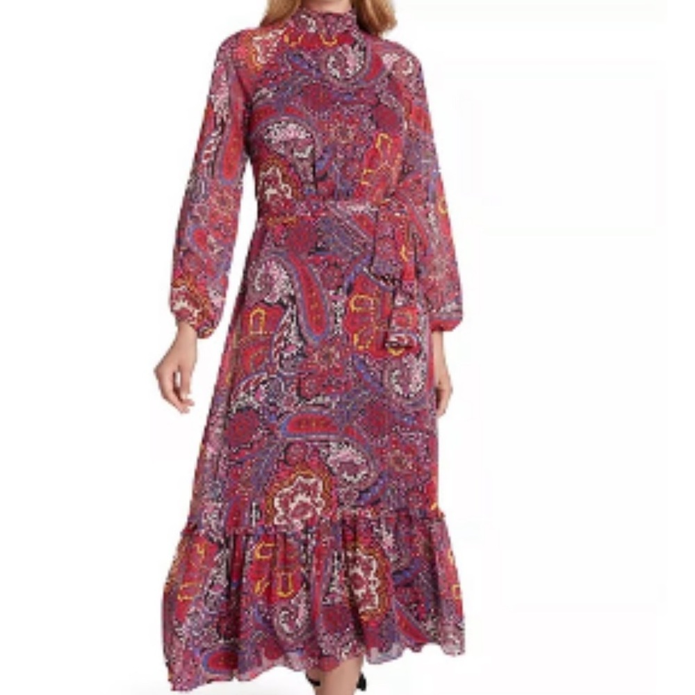 Tahari Paisley Print Chiffon Boho Midi Dress